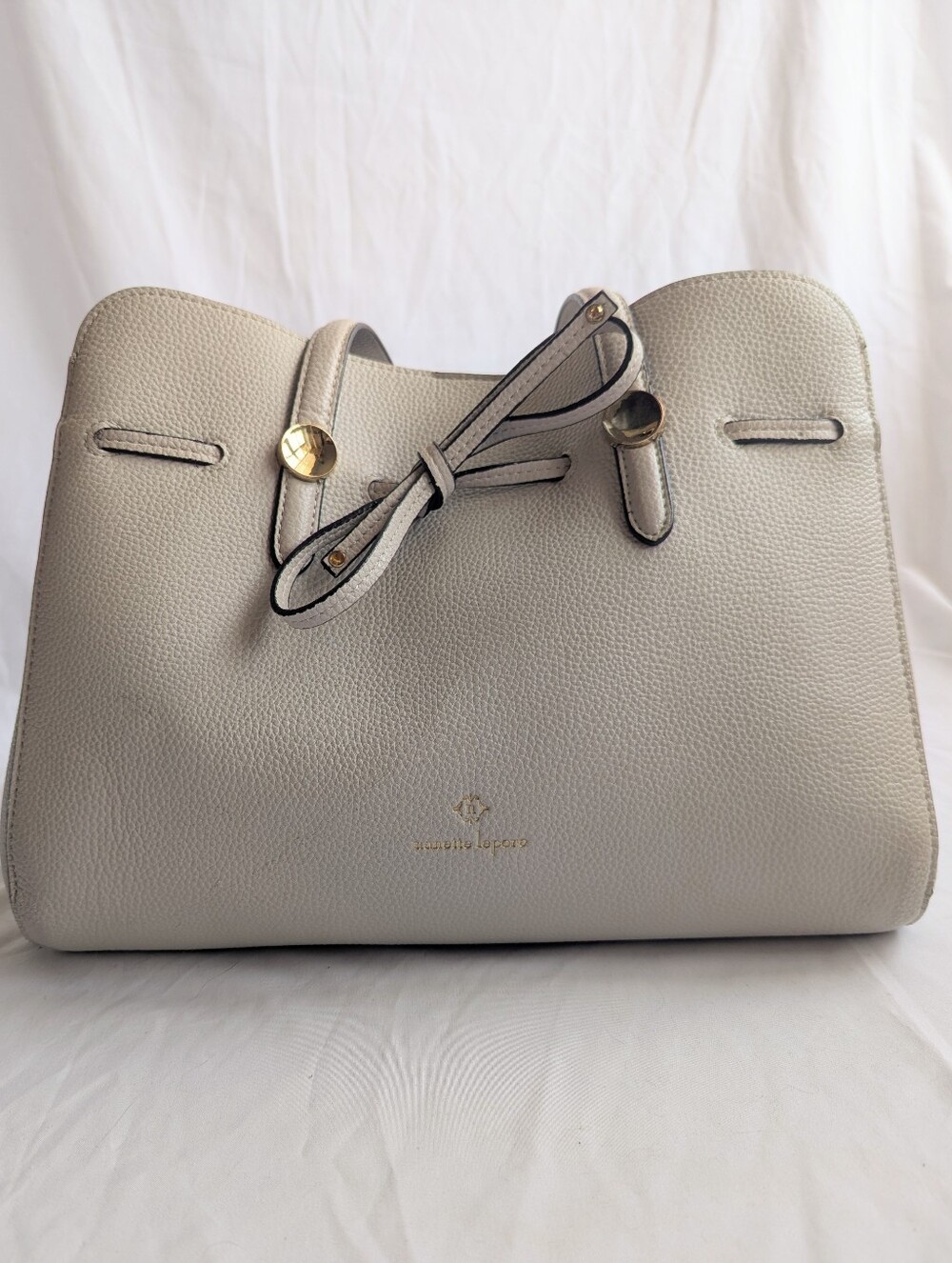 Nanette Lepore Cream Pebbled Faux Leather Tote Bag Gold Hardware